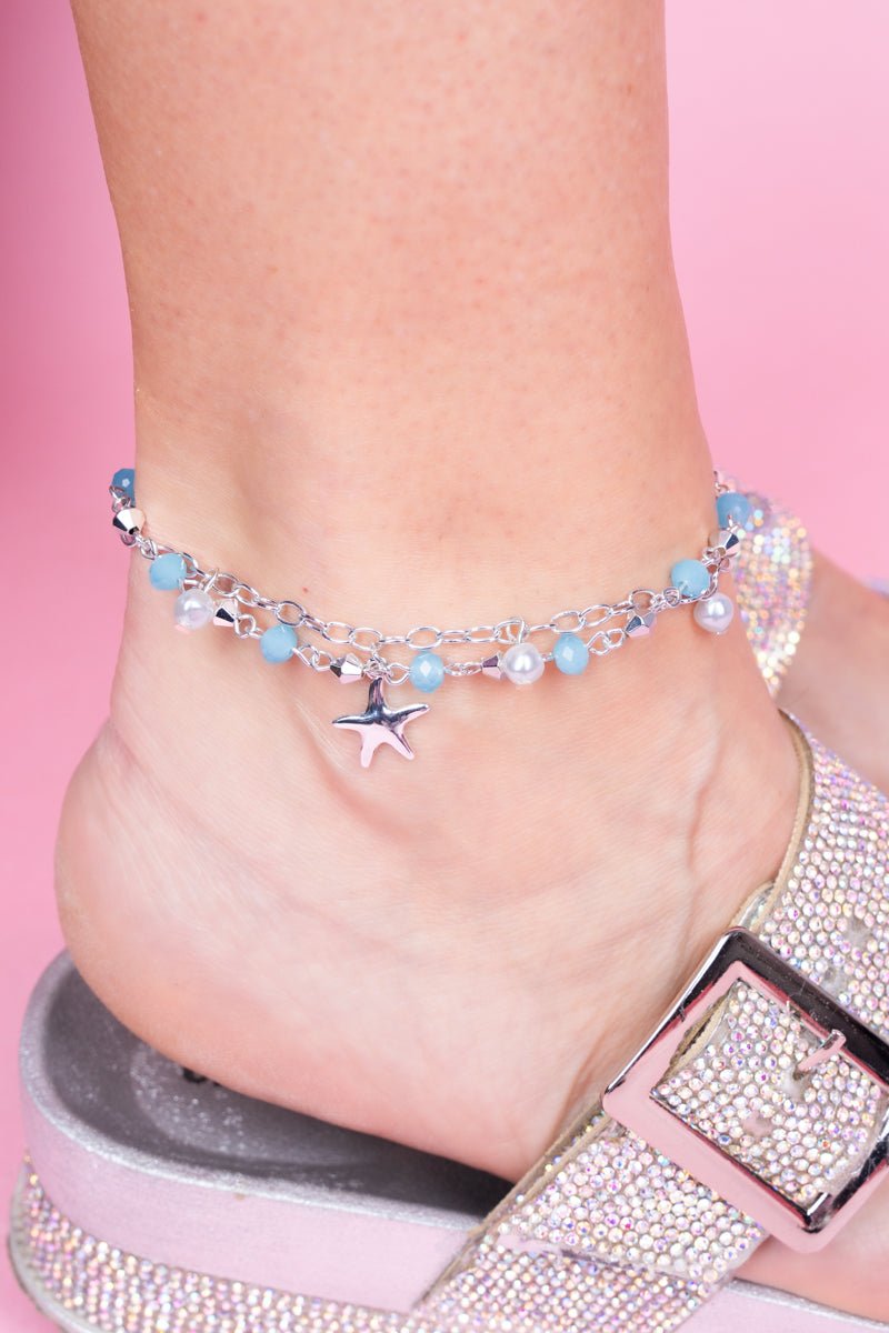 SALE! Starfish Blue Glass & Pearl Beaded Double Strand Anklet - Wholesale Accessory Market