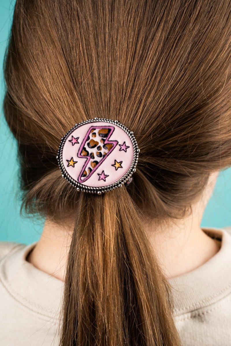 Pink Tooled Leather Lightning Bolt Hair Tie - Wholesale Accessory Market