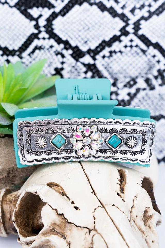 Belmore Blooms Turquoise Silvertone Hair Claw - Wholesale Accessory Market
