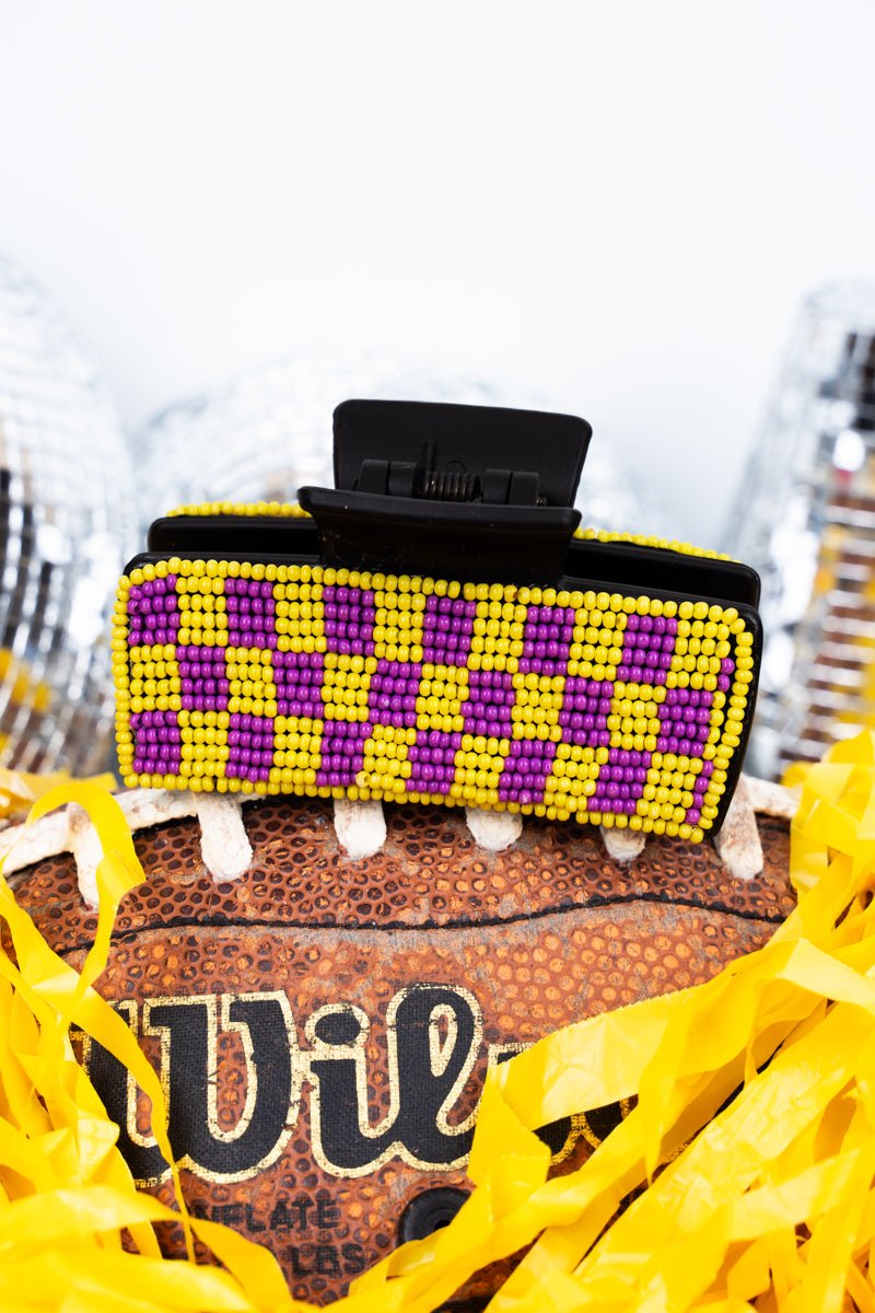 Checkered Purple and Yellow Seed Bead Hair Claw - Wholesale Accessory Market