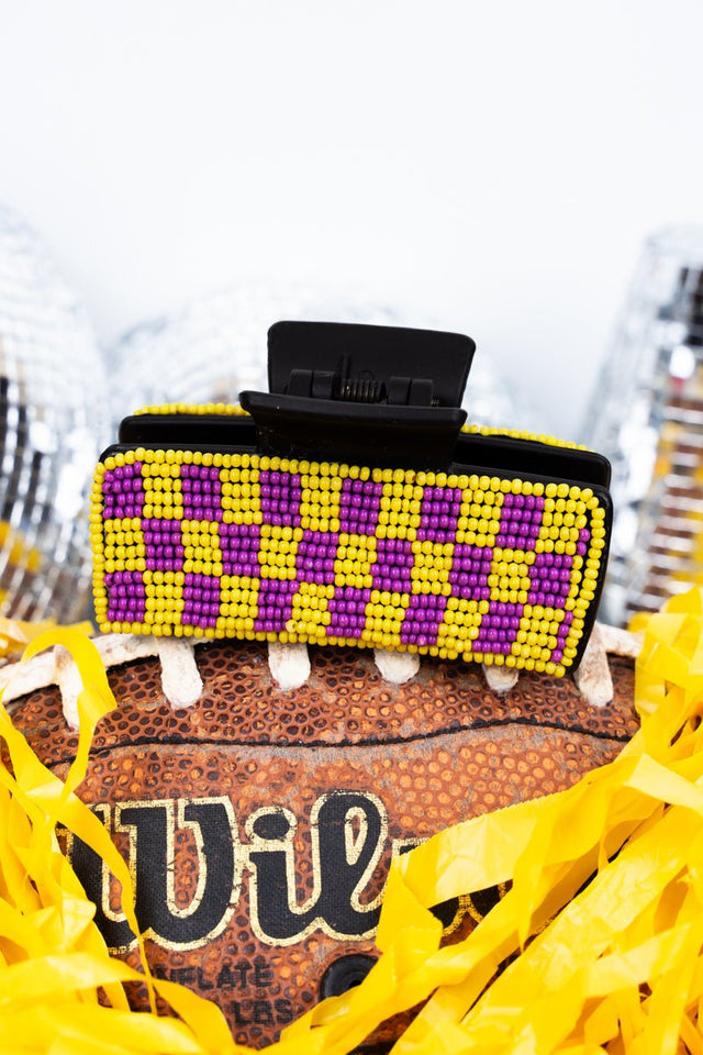 Checkered Purple and Yellow Seed Bead Hair Claw - Wholesale Accessory Market