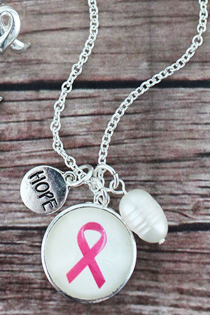 Pink Ribbon Bubble Charm Necklace and Earring Set - Wholesale Accessory Market