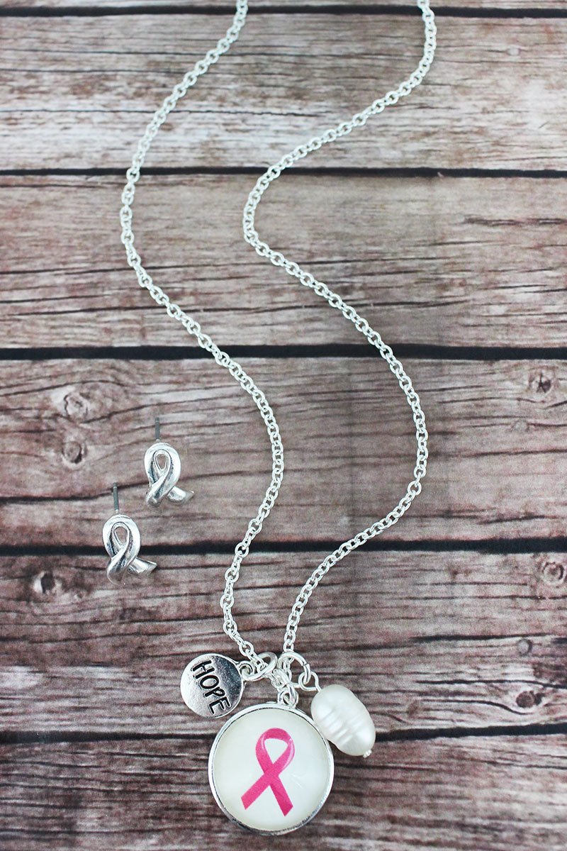 Pink Ribbon Bubble Charm Necklace and Earring Set - Wholesale Accessory Market