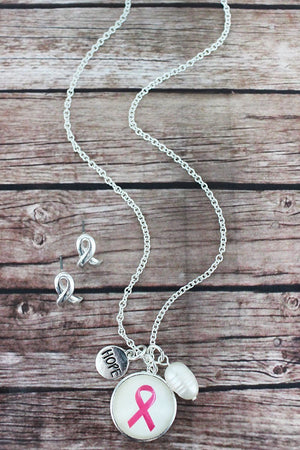 Pink Ribbon Bubble Charm Necklace and Earring Set - Wholesale Accessory Market