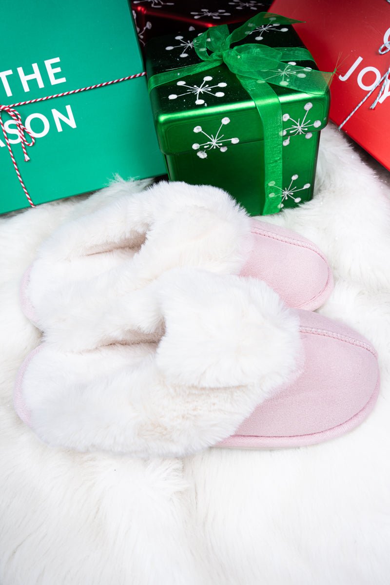 Take It Easy Pink Faux Fur Trimmed Plush Slippers - Wholesale Accessory Market