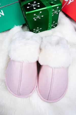 Take It Easy Pink Faux Fur Trimmed Plush Slippers - Wholesale Accessory Market