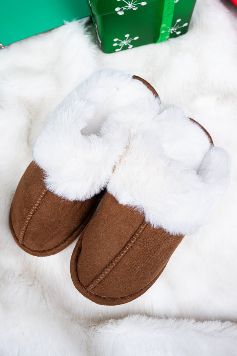 Kick Back And Relax Camel Faux Fur Trimmed Plush Slippers - Wholesale Accessory Market