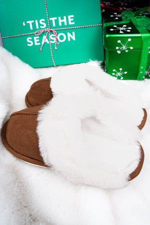 Kick Back And Relax Camel Faux Fur Trimmed Plush Slippers - Wholesale Accessory Market
