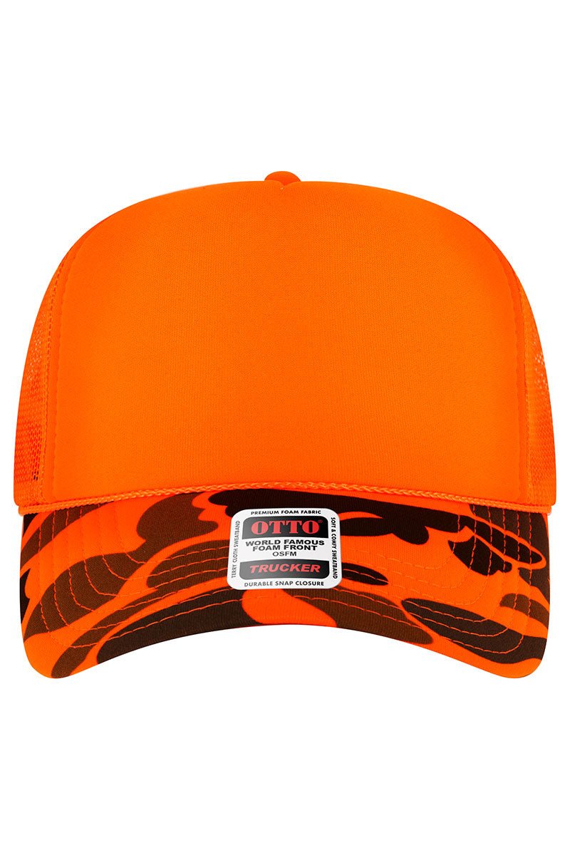 OTTO Neon Orange Camo Foam Front High Split Crown Trucker Hat - Wholesale Accessory Market