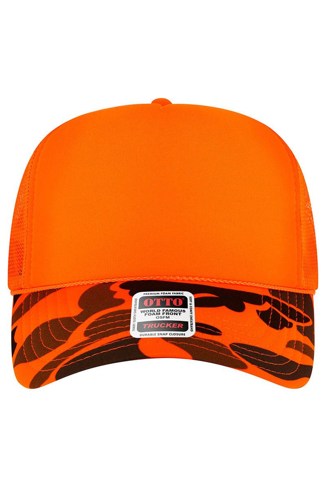 OTTO Neon Orange Camo Foam Front High Split Crown Trucker Hat - Wholesale Accessory Market