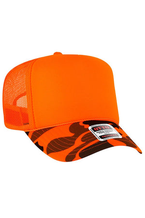 OTTO Neon Orange Camo Foam Front High Split Crown Trucker Hat - Wholesale Accessory Market