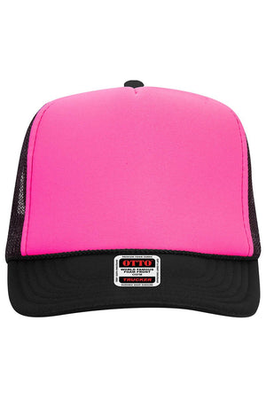 Black with Neon Pink Foam Front High Crown Trucker Hat - Wholesale Accessory Market