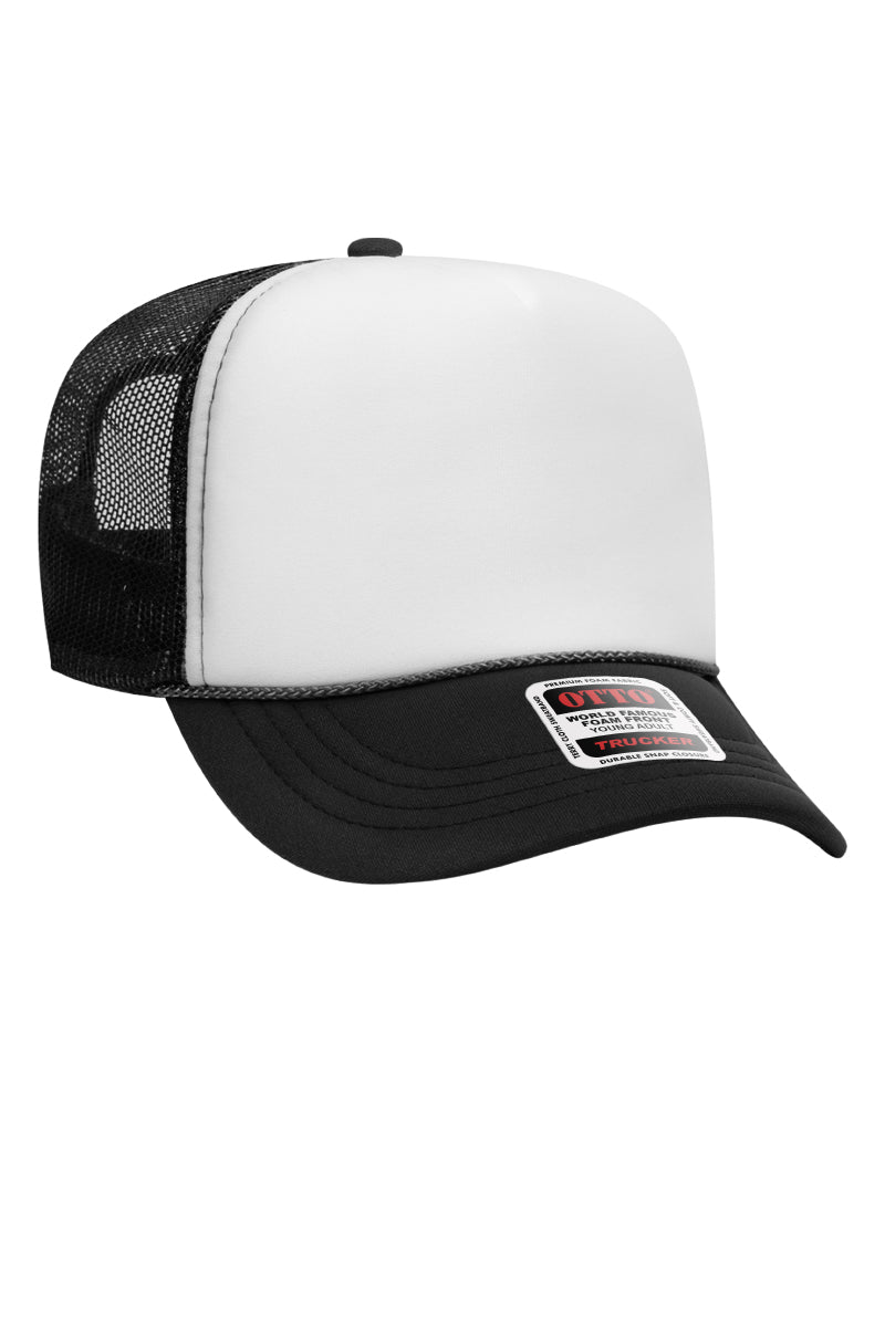 Black with White Foam Front High Crown Trucker Hat Wholesale