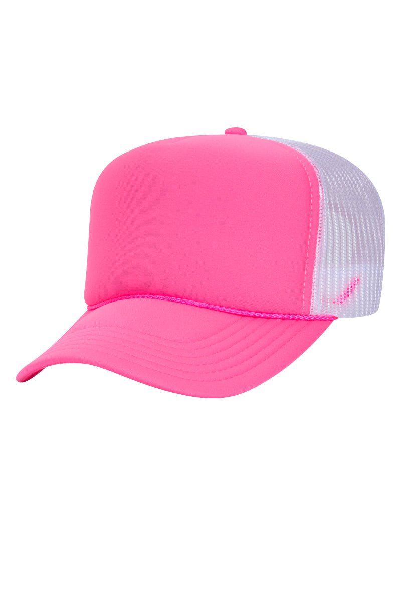 Neon Pink and White Foam Front High Crown Back Split Color Trucker