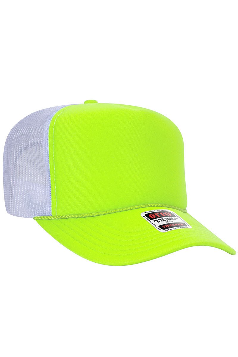 Neon High Crown Trucker Hat Blank OTTO Neon Yellow And White Foam