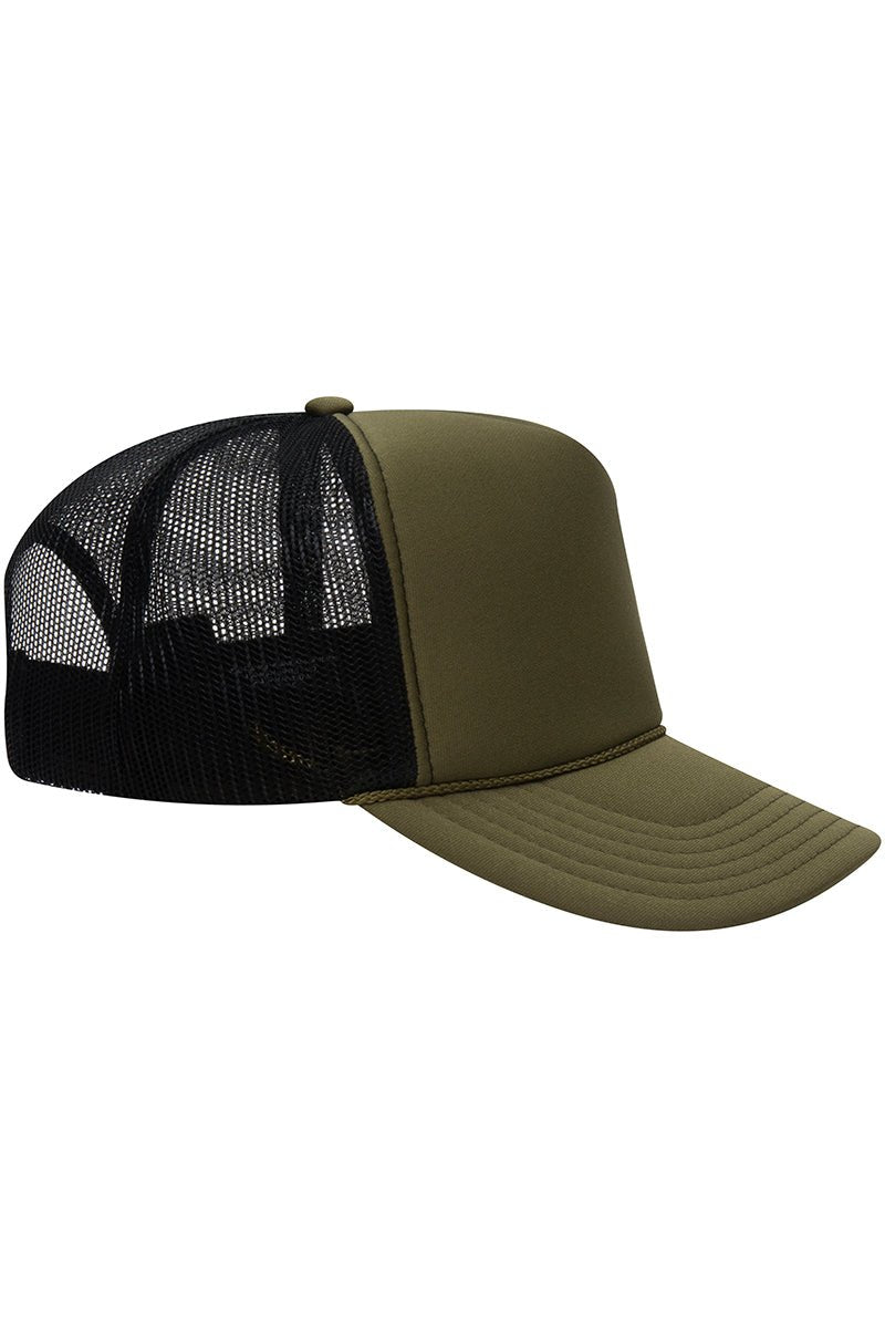 OTTO Olive Green and Black Foam Front High Crown Back Split Color Trucker Hat - Wholesale Accessory Market