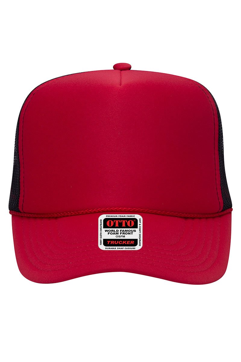 OTTO Red and Black Foam Front High Crown Back Split Color Trucker Hat - Wholesale Accessory Market
