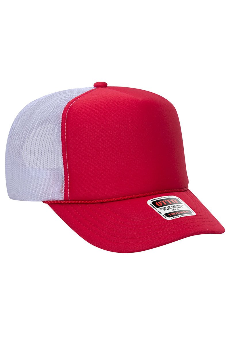 OTTO Red and White Foam Front High Crown Back Split Color Trucker Hat - Wholesale Accessory Market