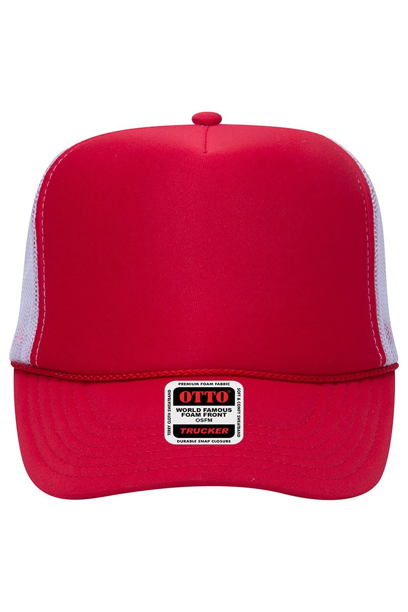 OTTO Red and White Foam Front High Crown Back Split Color Trucker Hat - Wholesale Accessory Market