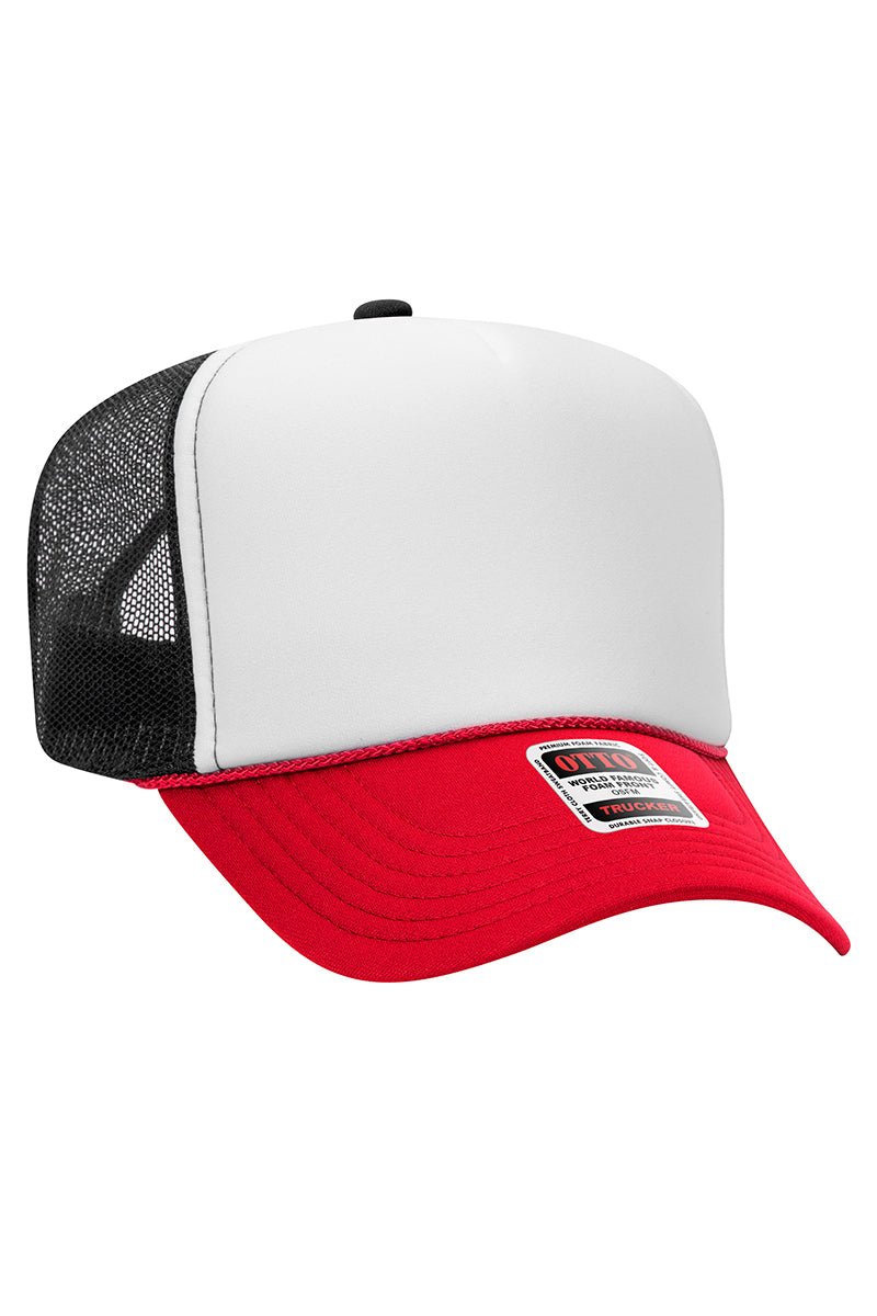 OTTO Red, White and Black Foam Front High Crown Back Split Color Trucker Hat - Wholesale Accessory Market