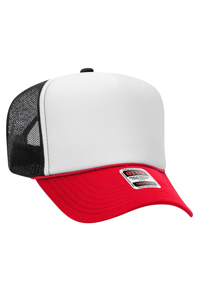 OTTO Red, White and Black Foam Front High Crown Back Split Color Trucker Hat - Wholesale Accessory Market