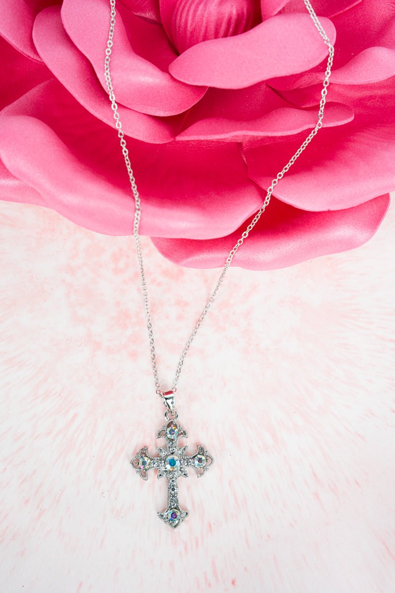 Crystal Avenue Iridescent Diamond Point Cross Silvertone Necklace - Wholesale Accessory Market