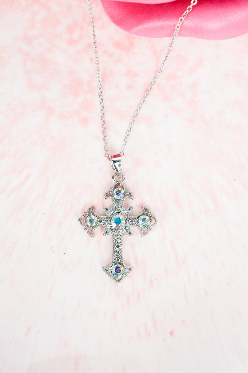 Crystal Avenue Iridescent Diamond Point Cross Silvertone Necklace - Wholesale Accessory Market
