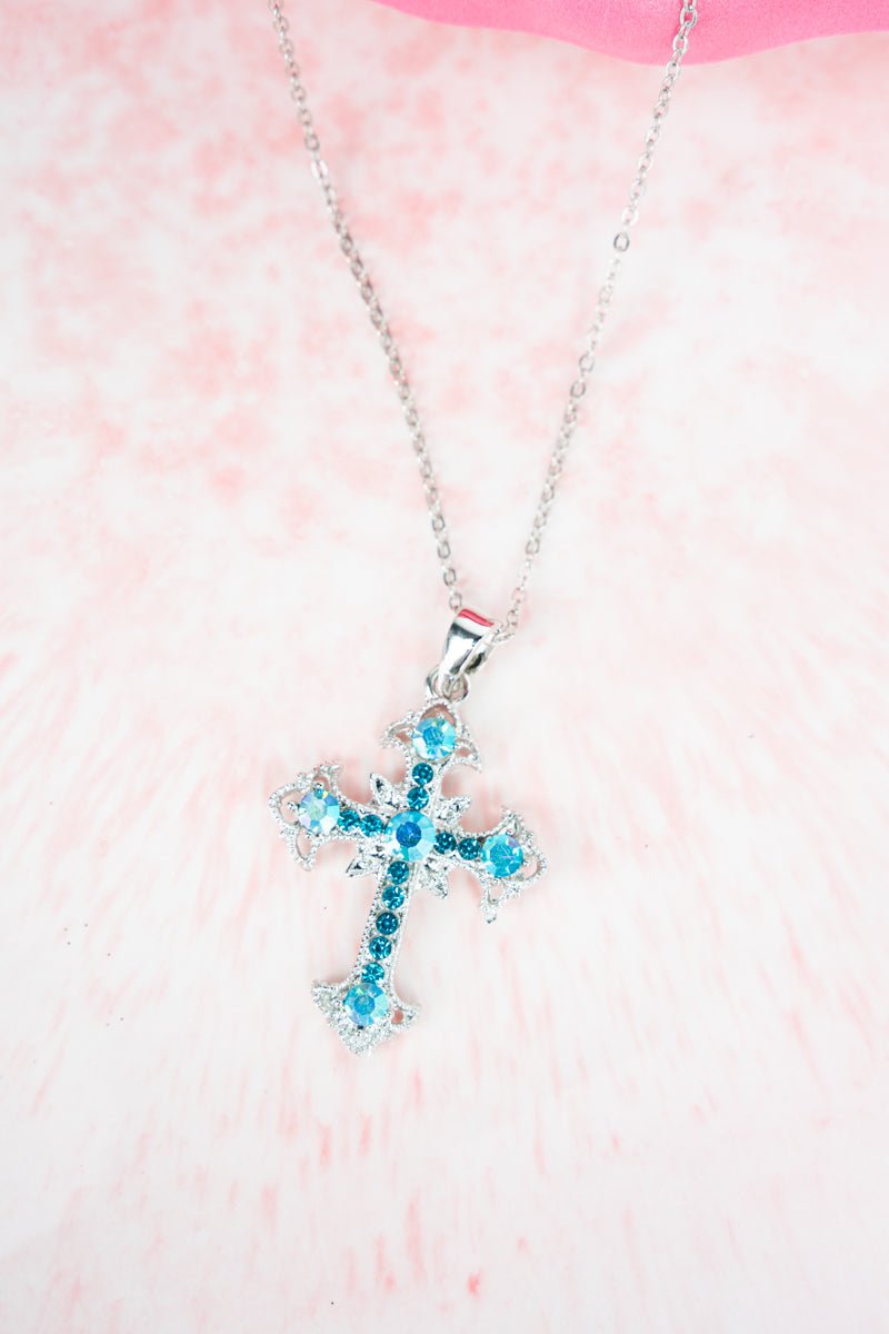 Crystal Avenue Aqua Diamond Point Cross Silvertone Necklace - Wholesale Accessory Market