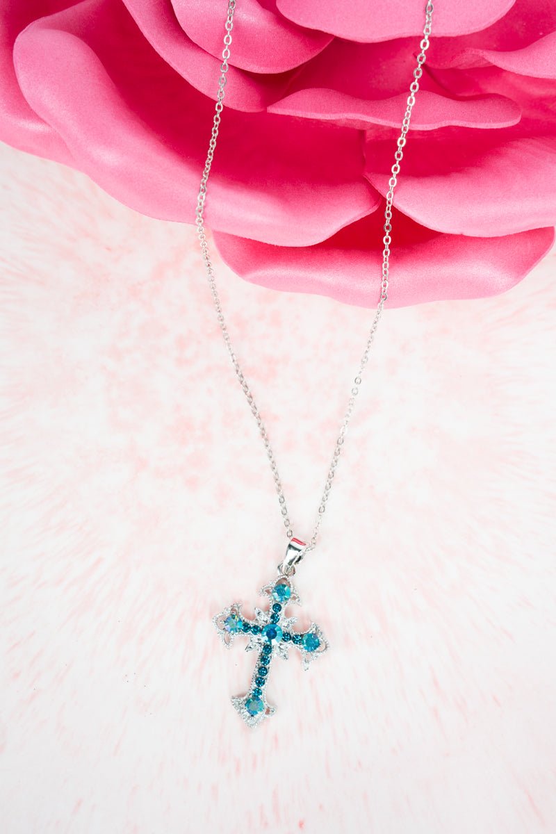 Crystal Avenue Aqua Diamond Point Cross Silvertone Necklace - Wholesale Accessory Market