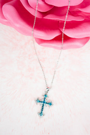 Crystal Avenue Aqua Diamond Point Cross Silvertone Necklace - Wholesale Accessory Market