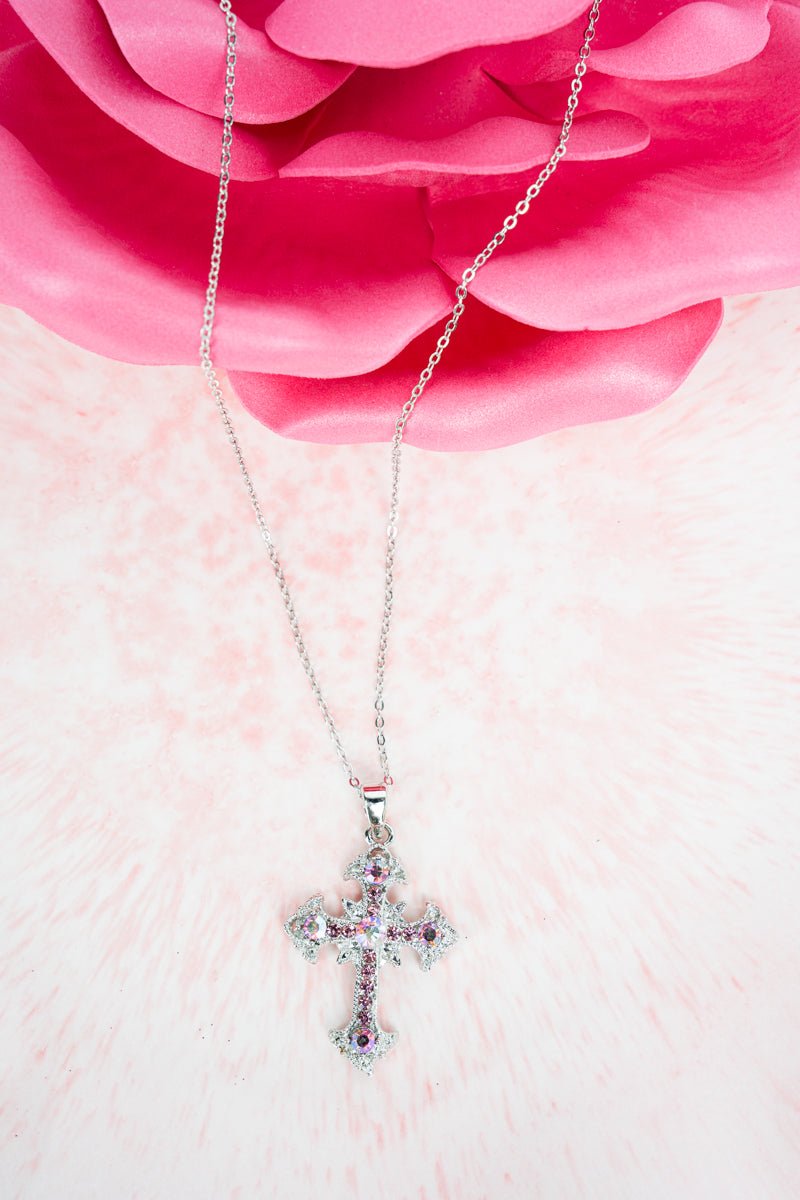 Crystal Avenue Light Rose Diamond Point Cross Silvertone Necklace - Wholesale Accessory Market
