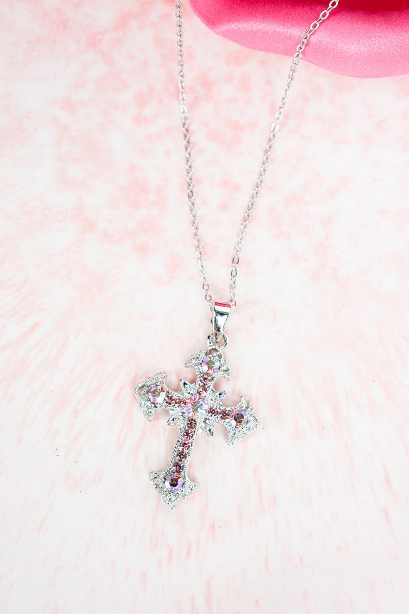 Crystal Avenue Light Rose Diamond Point Cross Silvertone Necklace - Wholesale Accessory Market