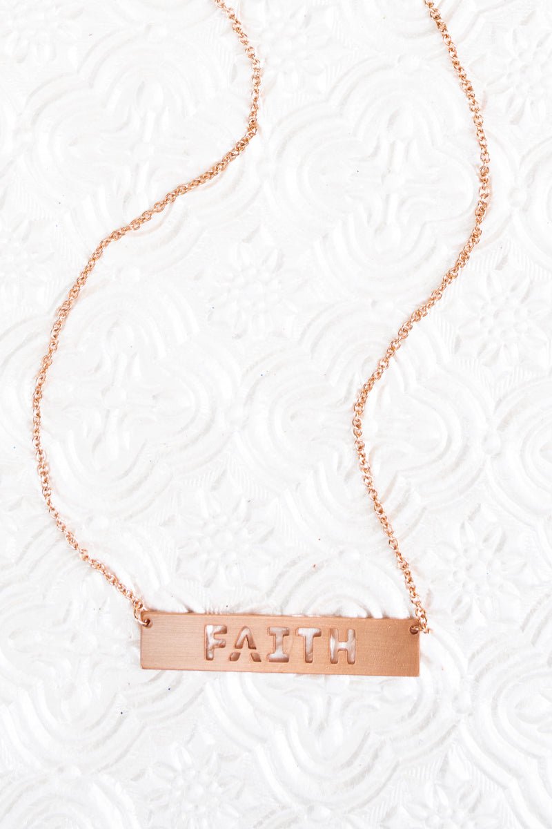 Crystal Avenue Matte Rose Goldtone Cut-Out 'Faith' Bar Necklace - Wholesale Accessory Market