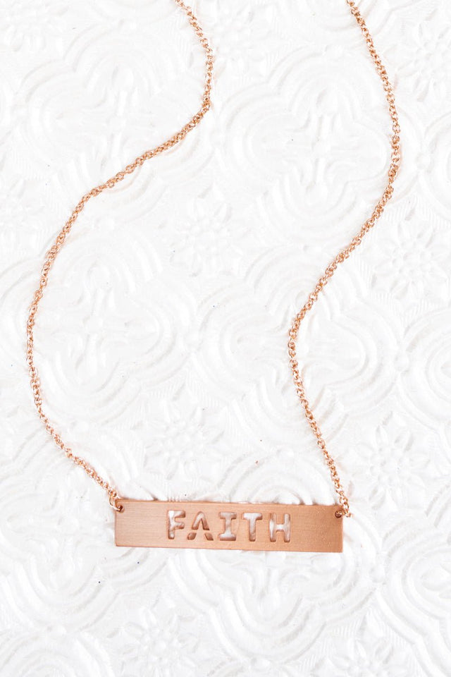 Crystal Avenue Matte Rose Goldtone Cut-Out 'Faith' Bar Necklace - Wholesale Accessory Market