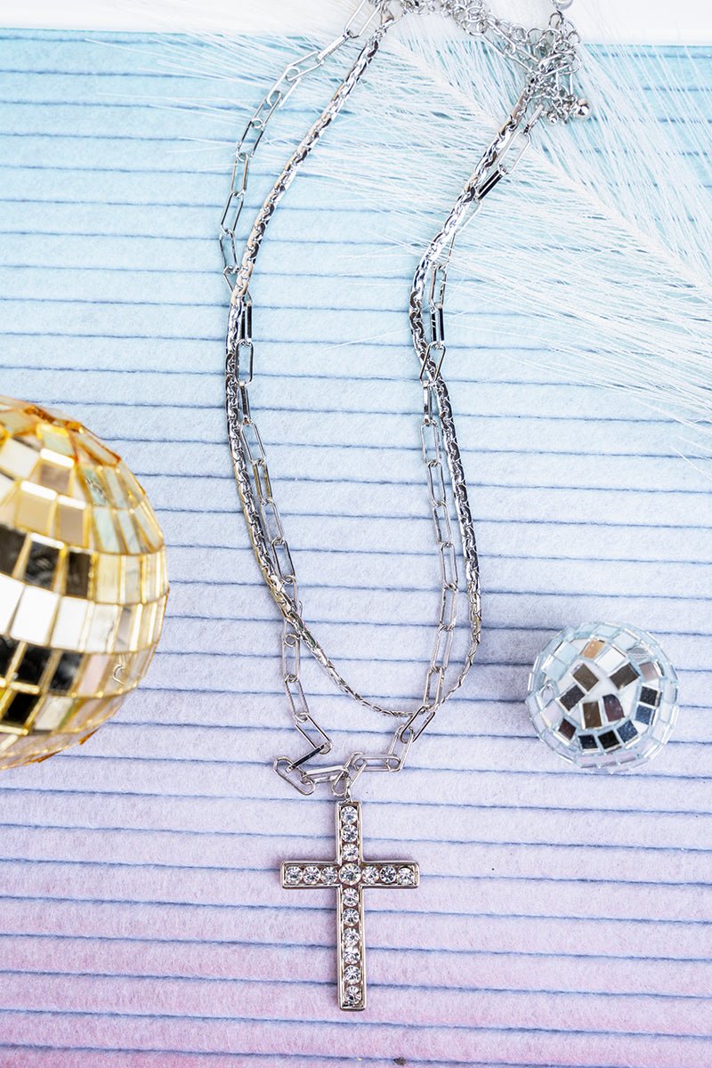 Crystal Avenue Sunday Morning Crystal Silvertone Cross Double Necklace Set - Wholesale Accessory Market