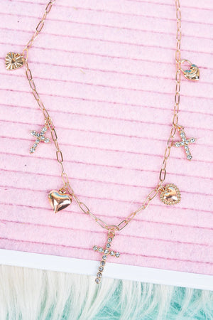 Crystal Avenue Cross My Heart Goldtone Charm Necklace - Wholesale Accessory Market