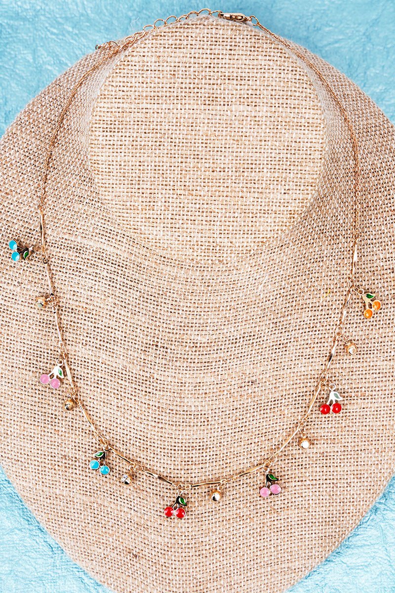 Crystal Avenue Colorful Cherry Season Goldtone Charm Necklace - Wholesale Accessory Market