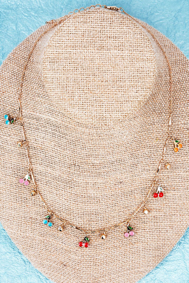 Crystal Avenue Colorful Cherry Season Goldtone Charm Necklace - Wholesale Accessory Market