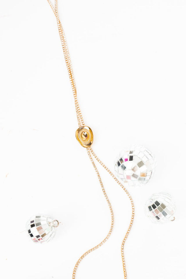 Crystal Avenue Lariat Luxe Goldtone Cowgirl Hat Slider Necklace - Wholesale Accessory Market