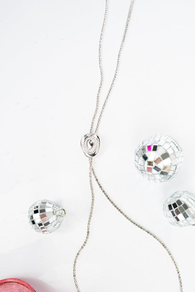 Crystal Avenue Lariat Luxe Silvertone Cowgirl Hat Slider Necklace - Wholesale Accessory Market