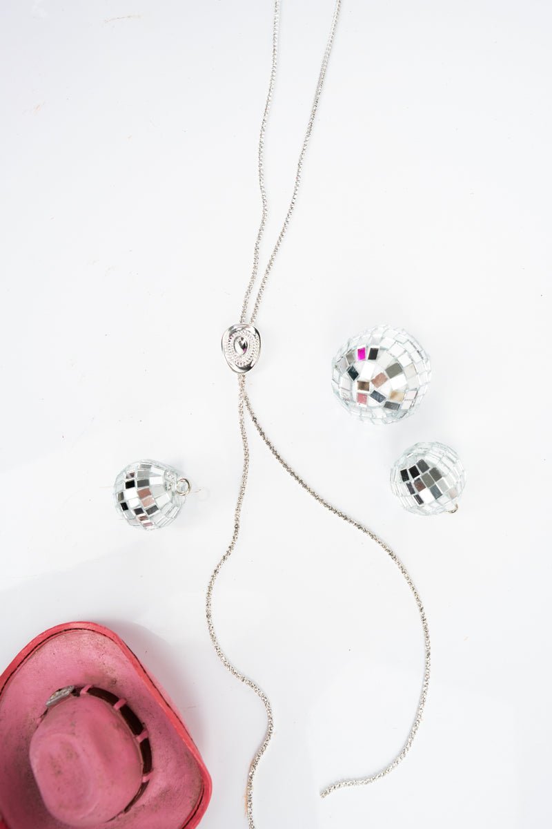 Crystal Avenue Lariat Luxe Silvertone Cowgirl Hat Slider Necklace - Wholesale Accessory Market
