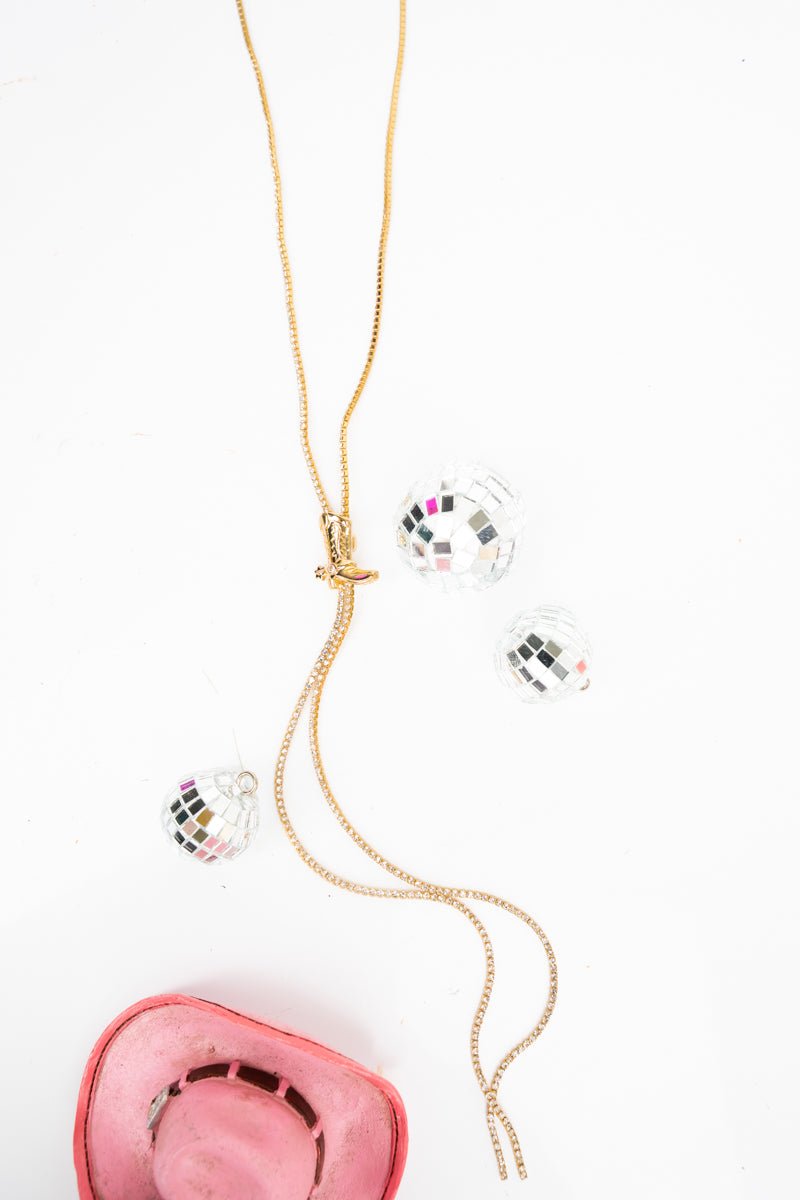 Crystal Avenue Lariat Luxe Goldtone Cowgirl Boot Slider Necklace - Wholesale Accessory Market
