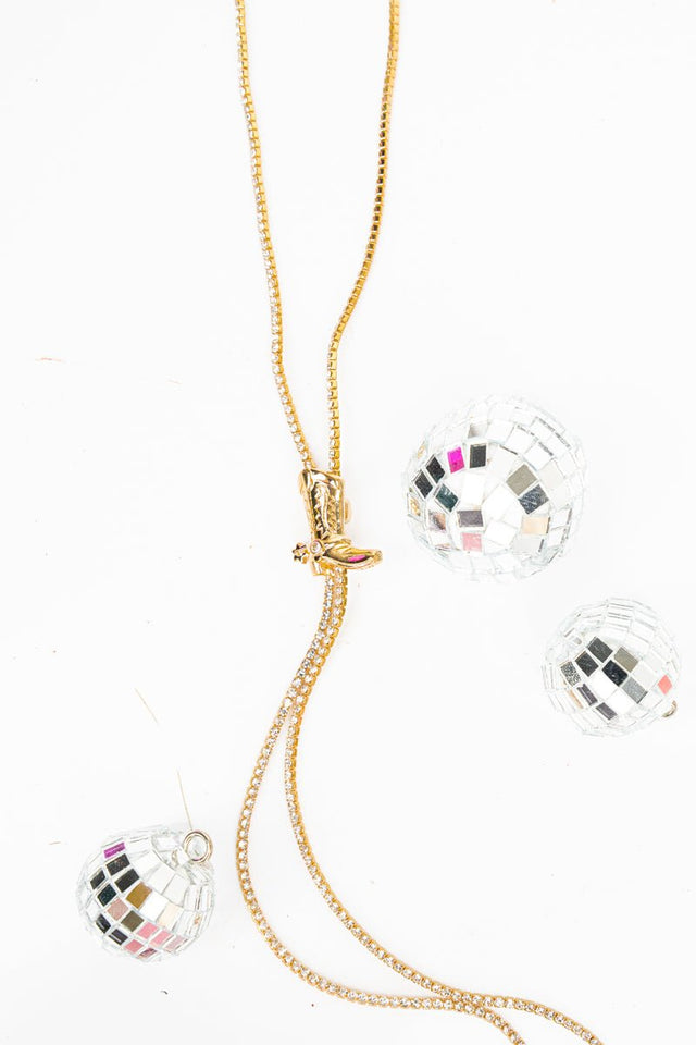 Crystal Avenue Lariat Luxe Goldtone Cowgirl Boot Slider Necklace - Wholesale Accessory Market