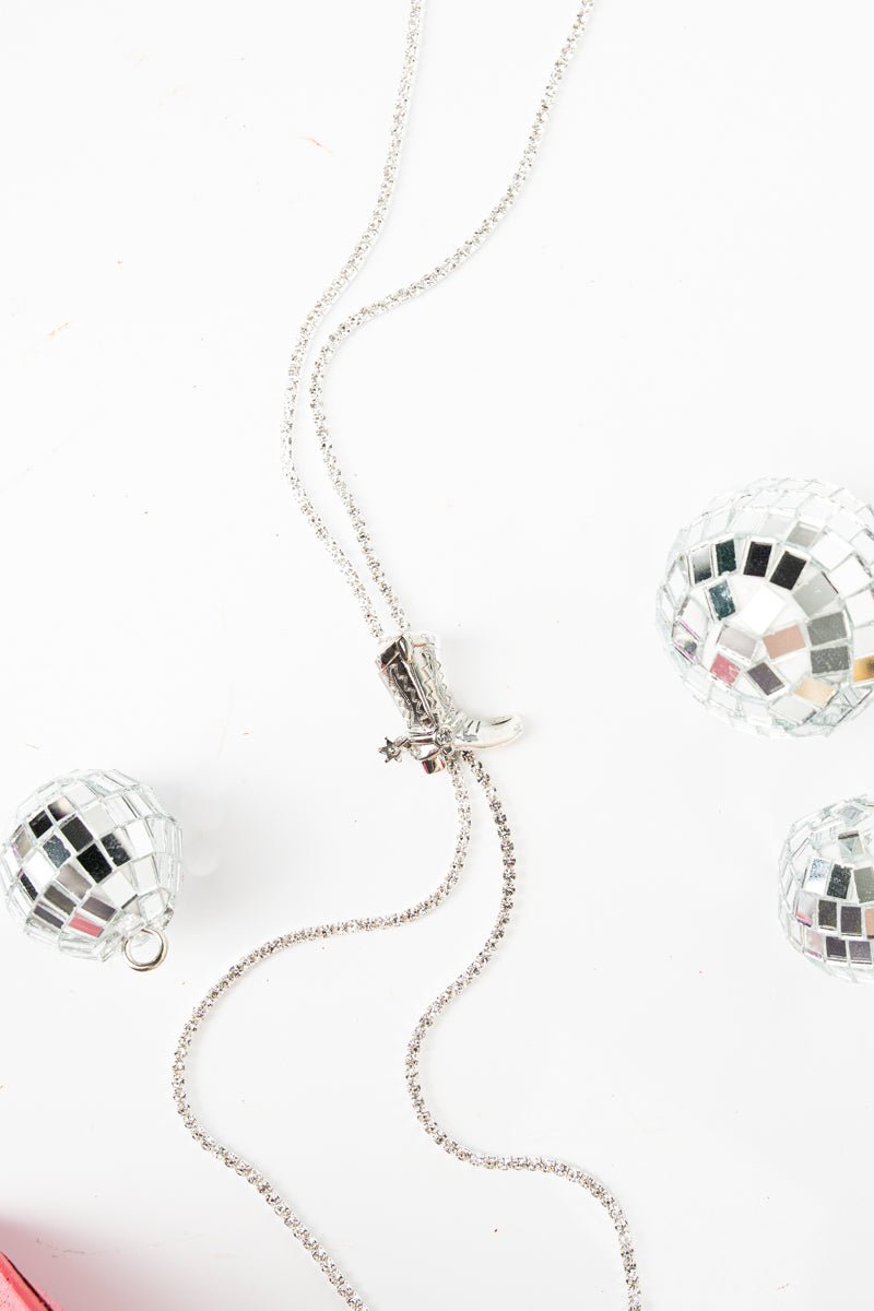 Crystal Avenue Lariat Luxe Silvertone Cowgirl Boot Slider Necklace - Wholesale Accessory Market