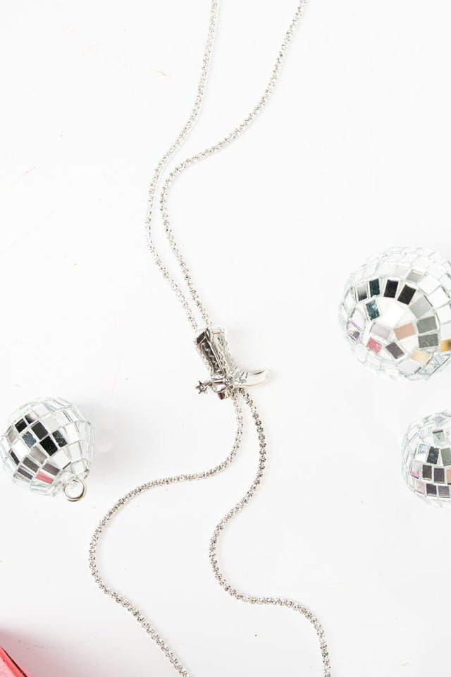 Crystal Avenue Lariat Luxe Silvertone Cowgirl Boot Slider Necklace - Wholesale Accessory Market
