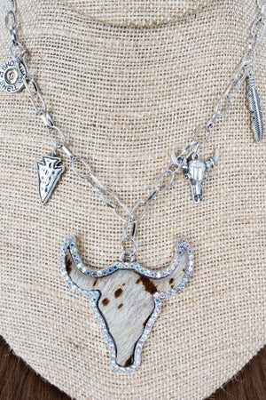Crystal Avenue Wild Soul Cow Steer Silvertone Charm Necklace - Wholesale Accessory Market