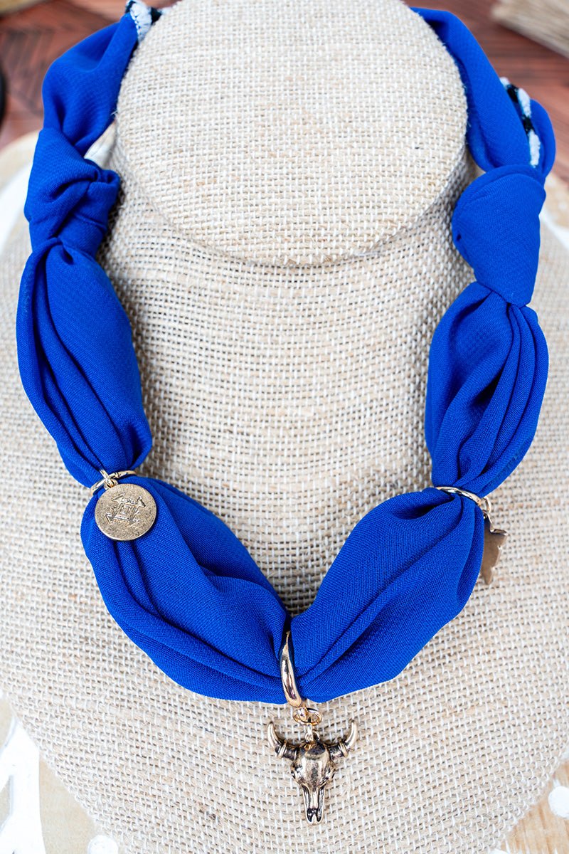 Crystal Avenue Blue Western Muse Steer Pendant Fabric Necklace - Wholesale Accessory Market