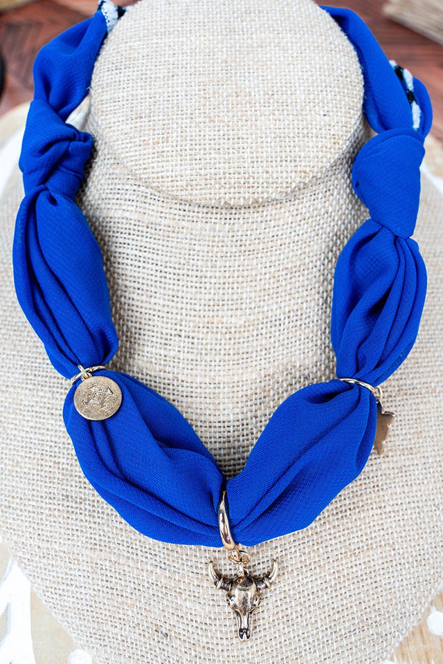 Crystal Avenue Blue Western Muse Steer Pendant Fabric Necklace - Wholesale Accessory Market