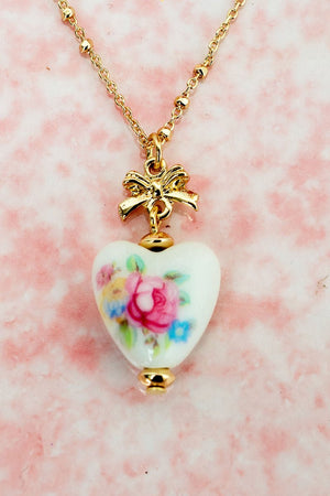 Crystal Avenue Pink Porcelain Heart Goldtone Necklace - Wholesale Accessory Market
