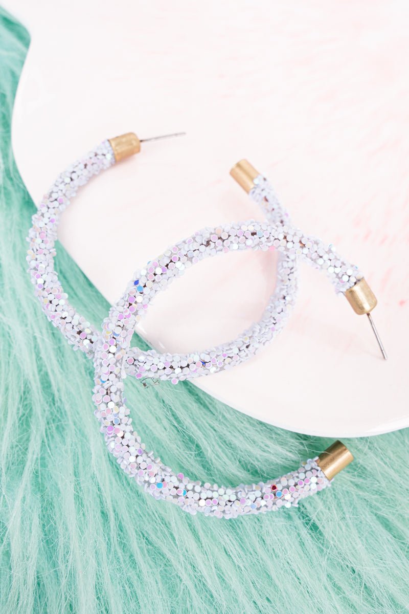 Crystal Avenue White Glitter 55mm Hoop Earrings - Wholesale Accessory Market